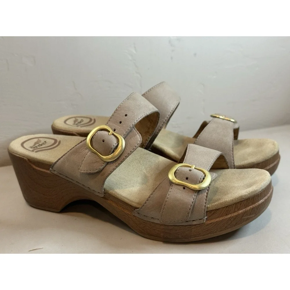 Dansko Sophie Taupe Leather Wedge Sandals US 9.5 10 2.25